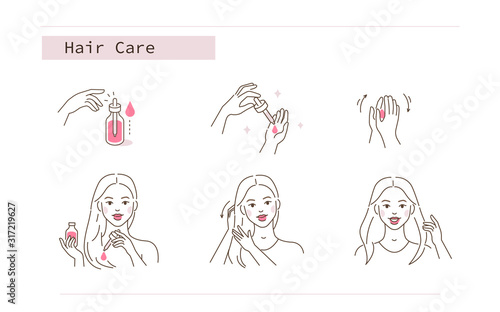 Beauty Girl Take Care of her Damaged Hair and Applying Treatment Oil. Woman Making Haircare Procedures.  Beauty Care Routine and Procedures. Flat Line Vector  Illustration and Icons set.