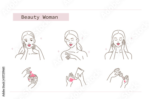 Beauty Girl Take Care of her Face and Body. Woman Applying Facial Serum Oil, Body Cream, Hand Cream. Skin Care Routine, Hygiene and Moisturizing Concept. Flat Vector Illustration and Icons set.