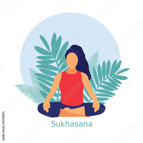 Woman in Sukhasana. Easy yoga pose. Vector flat illustration. Yoga class, yoga center