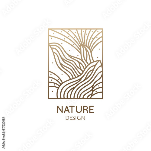 Cactus logo template. Vector emblem of blossoming succulent or subtropical plant in linear style. Garden plants of Africa. Abstract icon natural, eco products, beauty, spa, raw food, flower shop.