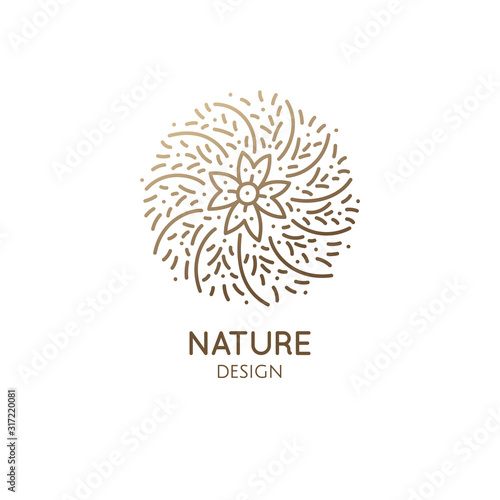Cactus logo template. Vector emblem of blossoming succulent or subtropical plant in linear style. Garden plants of Africa. Abstract icon natural, eco products, beauty, spa, raw food, flower shop.