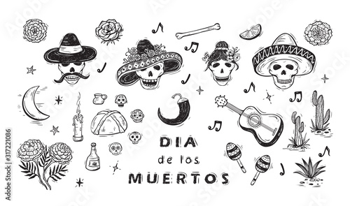Mexico Vector Set. Dia de los Muertos. Day of the Dead. Mexican Holiday Symbols: Mexican Skulls, Food, Pan de Muerto, Sugar Skulls, Marigold Flowers, Guitar, Cactus