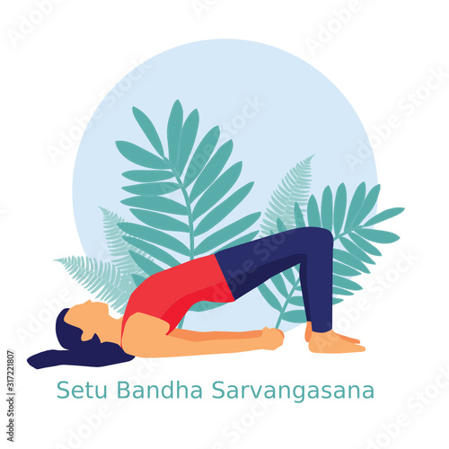 Setu Bandha Sarvangasana. Female practicing yoga. Woman in bridge pose
