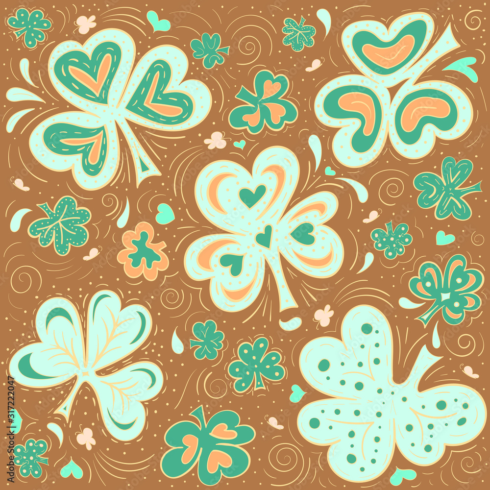Abstract doodle background with clover, hearts and butterflies. Hand drawn vecotor illustration in trendy colors.