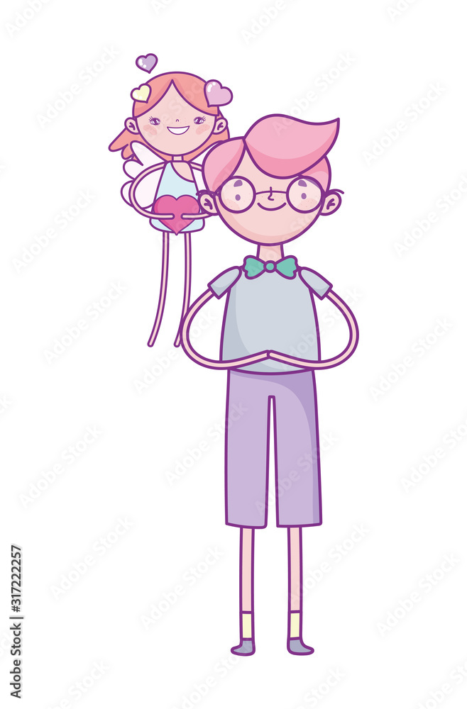 happy valentines day, young man and little cupid hearts love cartoon happy valentines day, young man and little cupid hearts love cartoon