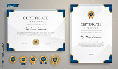 Gold and blue certificate of achievement template, clean modern design with gold badge photo