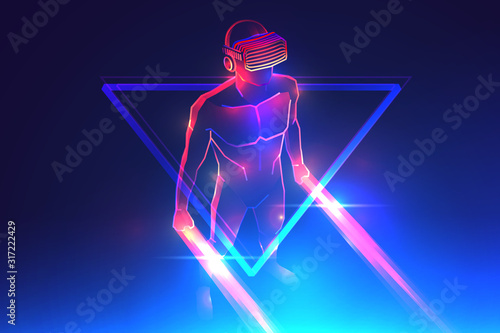 Virtual reality game. Man wearing vr headset and using light saber in abstract digital world with neon lines