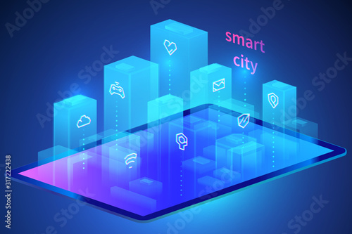 Smart city in mobile device isometric concept. Urban buildings with wireless communication and icons set. Digital network connection and internet of things. Vector illustration