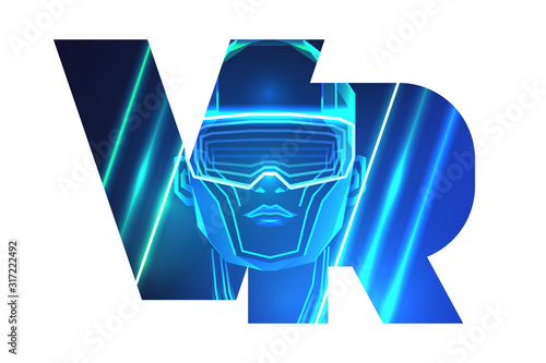 VR letter logo design. Man wearing virtual or augmented reality glasses. Vector illustration