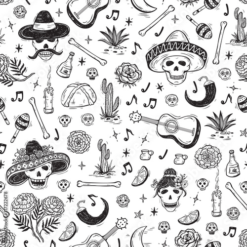 Mexico Vector Seamless Pattern. Dia de los Muertos Day of the Dead. Background with Mexican Holiday Symbols: Mexican Skulls, Food, Pan de Muerto, Sugar Skulls, Marigold Flowers, Guitar, Cactus