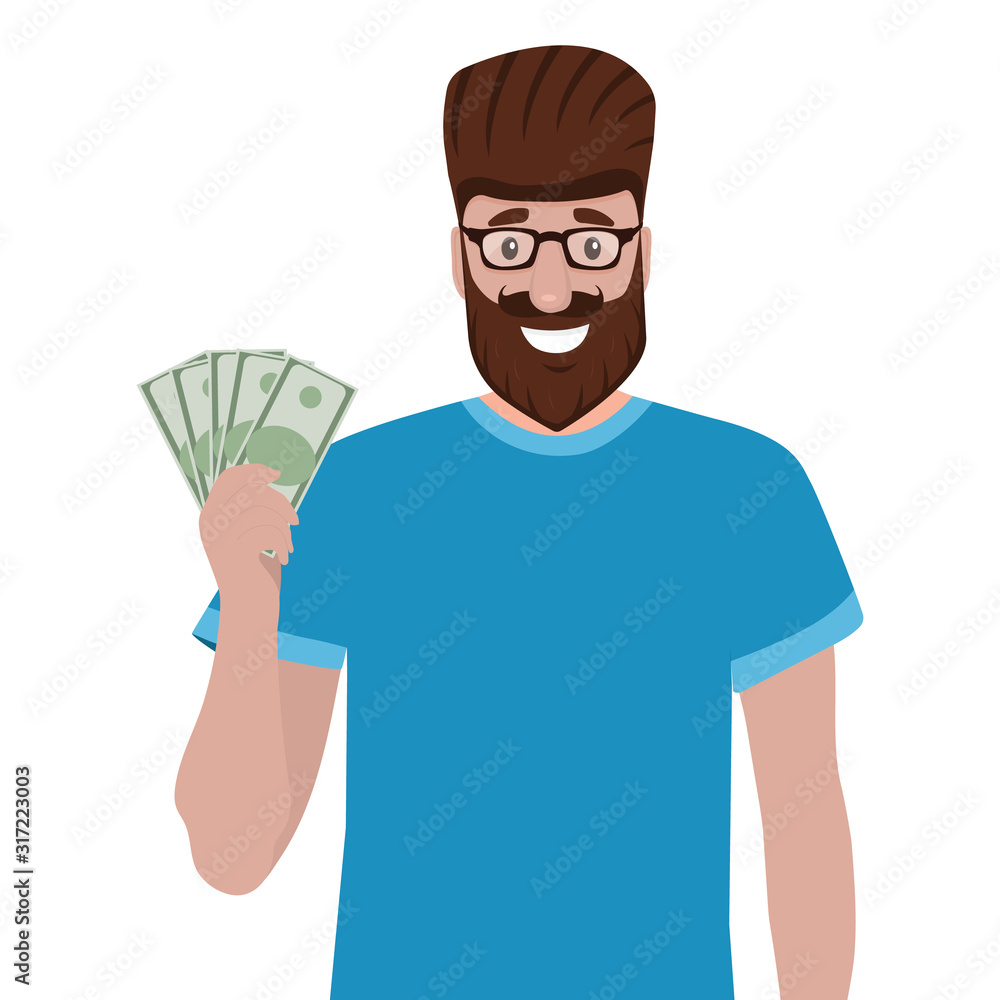 Man holds money in his hands and enjoys his salary. Cartoon vector illustration, flat design Man holds money in his hands and enjoys his salary. Cartoon vector illustration, flat design