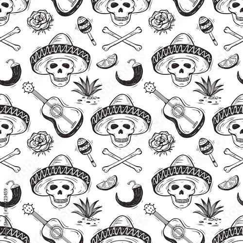 Mexico Vector Seamless Pattern. Dia de los Muertos Day of the Dead. Background with Mexican Holiday Symbols: Mexican Skulls, Guitar, Chile Pepper, Bones, Flower, Tequila Agave