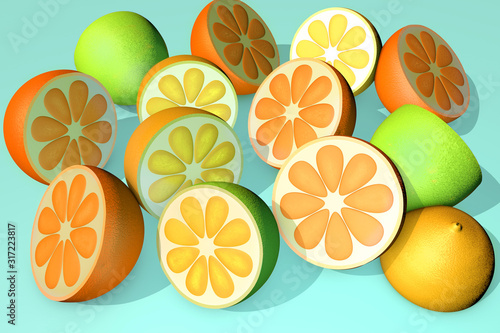 3d illustration of half cut orange lemon lime on blue background photo