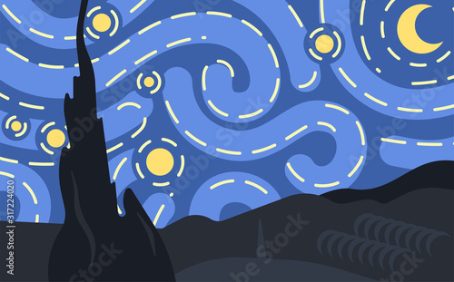 Starlight Night. Vincent van Gogh inspired. Abstract art, flat vector painting. 