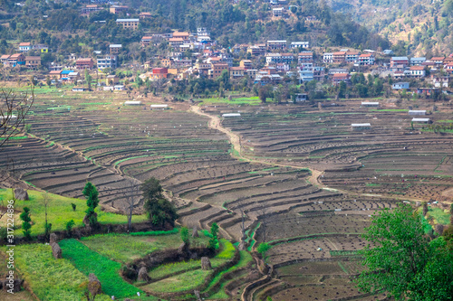 Terrace rice farm barren after harvest season in Nepal.