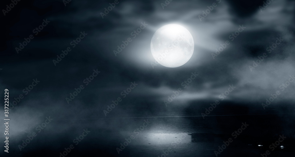 Night futuristic landscape, cold night, smog, trees in the fog. Reflection of the light. Night futuristic landscape, cold night, smog, trees in the fog. Reflection of the light.