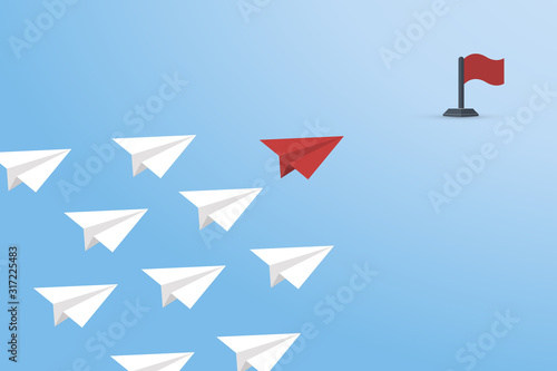 Red Paper Airplane Leading White Paper Airplanes. Leadership Concept With Paper Planes.	