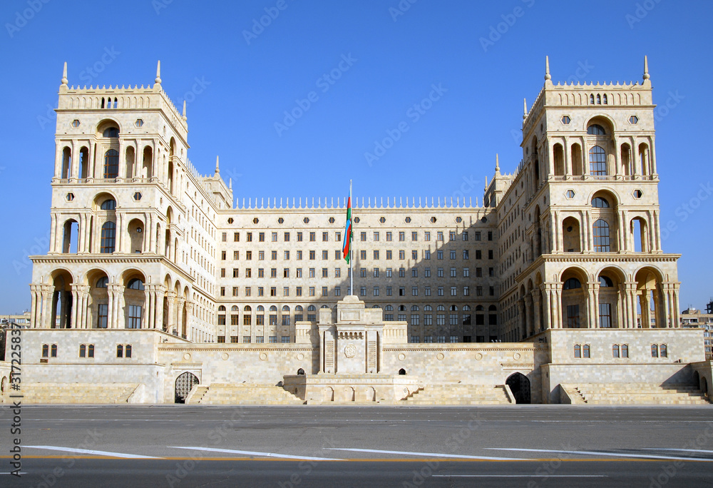 House of Government and state flag of Azerbaijan. Freedom Square, Baku, Azerbaijan.
