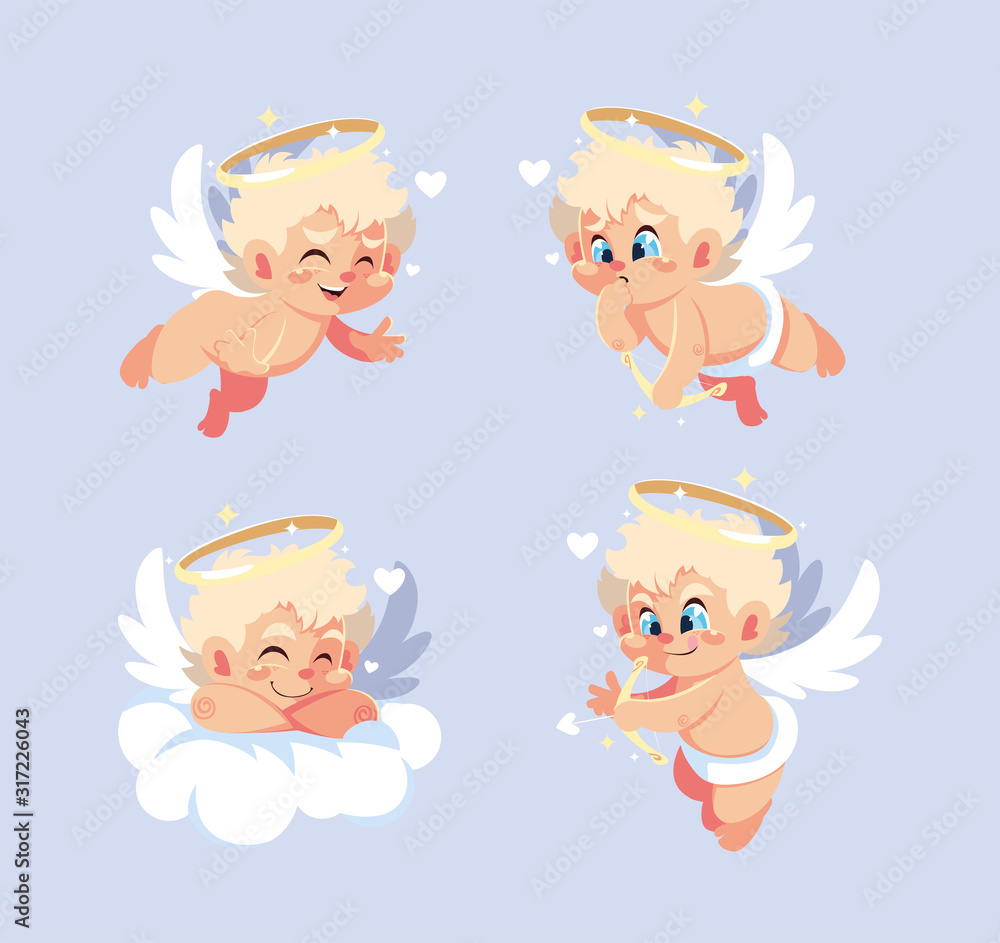 set of cute cupid angels in different poses, valentines day set of cute cupid angels in different poses, valentines day