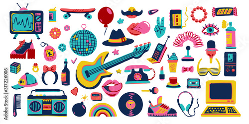 Collection retro icons elements in trendy 80s-90s goods hand-drawn cartoon style. Vector colorful set doodle illustration isolated on white background