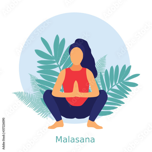 Woman in malasana pose, female yoga pose, garland pose