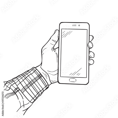 Hand drawn Sketch of Man Hand Holding a Mockup Smartphone Vector illustration