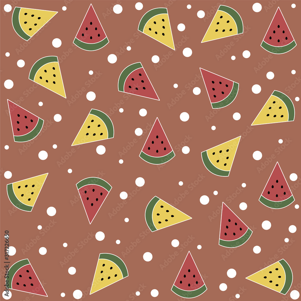 Red and yellow watermelon slices with white dots on brown background.