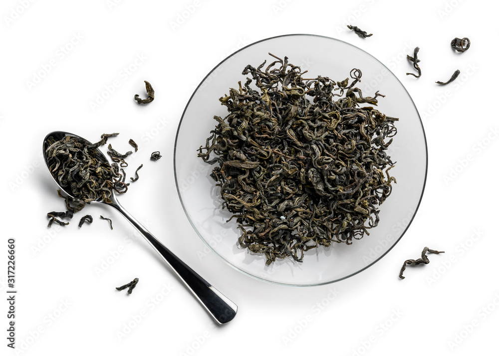 Fototapeta premium Green tea on a white background. The view from the top