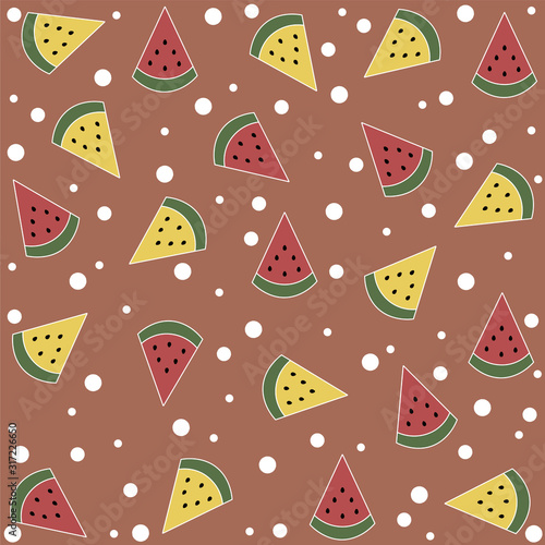 Red and yellow watermelon slices with white dots on brown background.