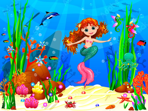 Little mermaid in the underwater world. The little mermaid underwater among sea creatures and underwater plants