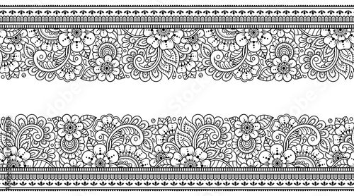 Seamless borders pattern with Mehndi flower for Henna drawing and tattoo. Decoration in ethnic oriental, Indian style. Doodle ornament. Outline hand draw vector illustration.