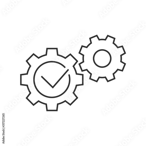 Gears with check mark line icon on white background. Editable stroke