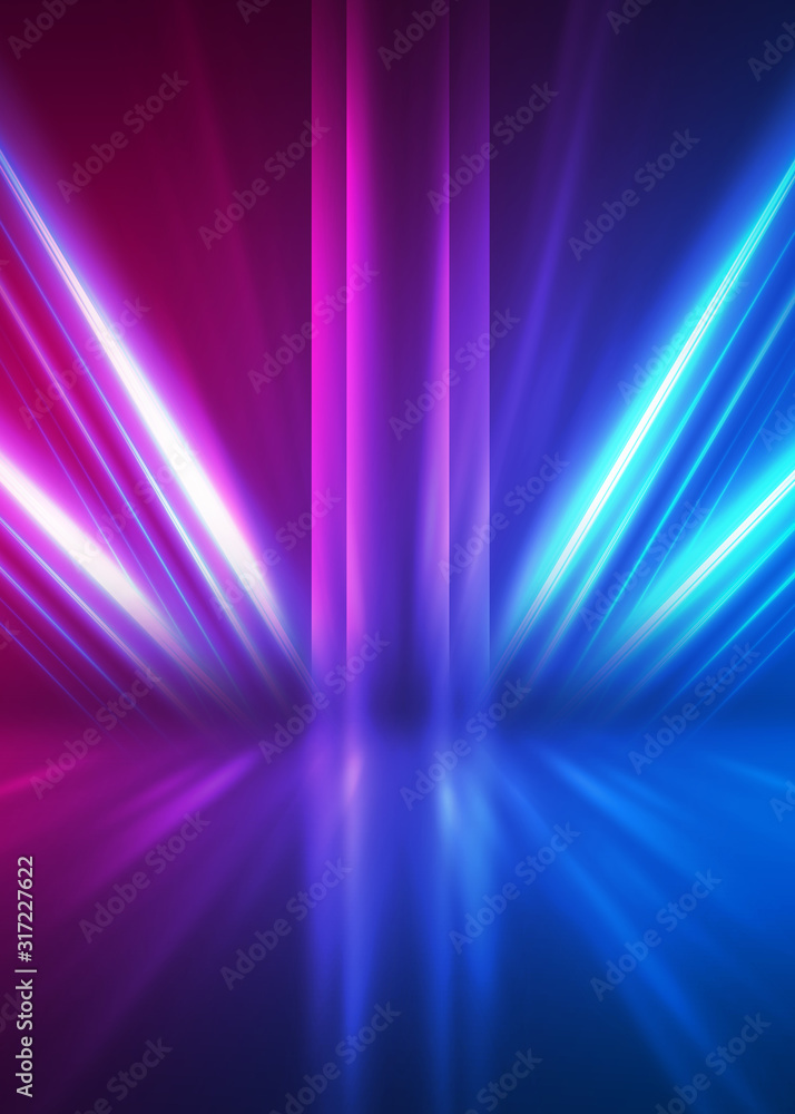 Abstract dark background with blue and pink neon glow. Neon luminous figure in the center of the stage. Abstract dark background with blue and pink neon glow. Neon luminous figure in the center of the stage.