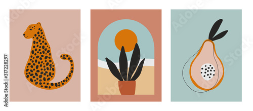 Digital art illustrations with cheetah, leopard, planr and sun, nature and fruit. Minimalist line art with simple colors. Modern posters for wall art, prints, cards.