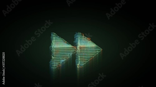 3d rendering glowing hologram of symbol of double fast forward right triangle arrows distorted glitch green old tv screen on black background
