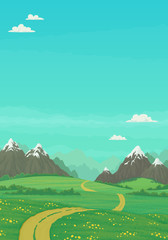 Crédence de cuisine Corail vert Summer landscape with rural dirt road running through green meadows with wildflowers and trees, snowy mountains with bright blue sky and clouds in the background. Cartoon vector illustration, banner.  © Tatiana Zhzhenova