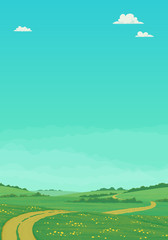 Gordijnen Koraalgroen Summer landscape with rural dirt road running through green meadows with wildflowers and trees with bright blue sky and clouds. Cartoon vector illustration, postcard, country background, banner.  © Tatiana Zhzhenova