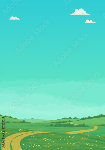 Summer landscape with rural dirt road running through green meadows with wildflowers and trees with bright blue sky and clouds. Cartoon vector illustration, postcard, country background, banner. © Tatiana Zhzhenova