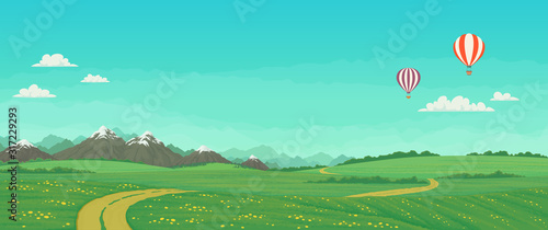 Hot air balloons flying over green meadows with wildflowers, dirt road and trees, snowy mountains with bright blue sky and clouds in the background. Summer landscape cartoon illustration, vector.