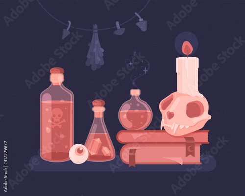 Set of witches. Magic potions, witching books, candles, skulls, decoctions, dried mushrooms and herbs. Flat vector illustration.