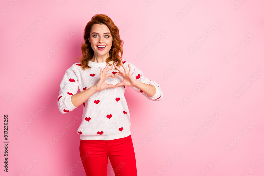 Portrait of her she nice attractive lovely lovable glad excited amorous cheerful cheery wavy-haired girl wearing white pullover showing heart symbol isolated on pink pastel color background Portrait of her she nice attractive lovely lovable glad excited amorous cheerful cheery wavy-haired girl wearing white pullover showing heart symbol isolated on pink pastel color background