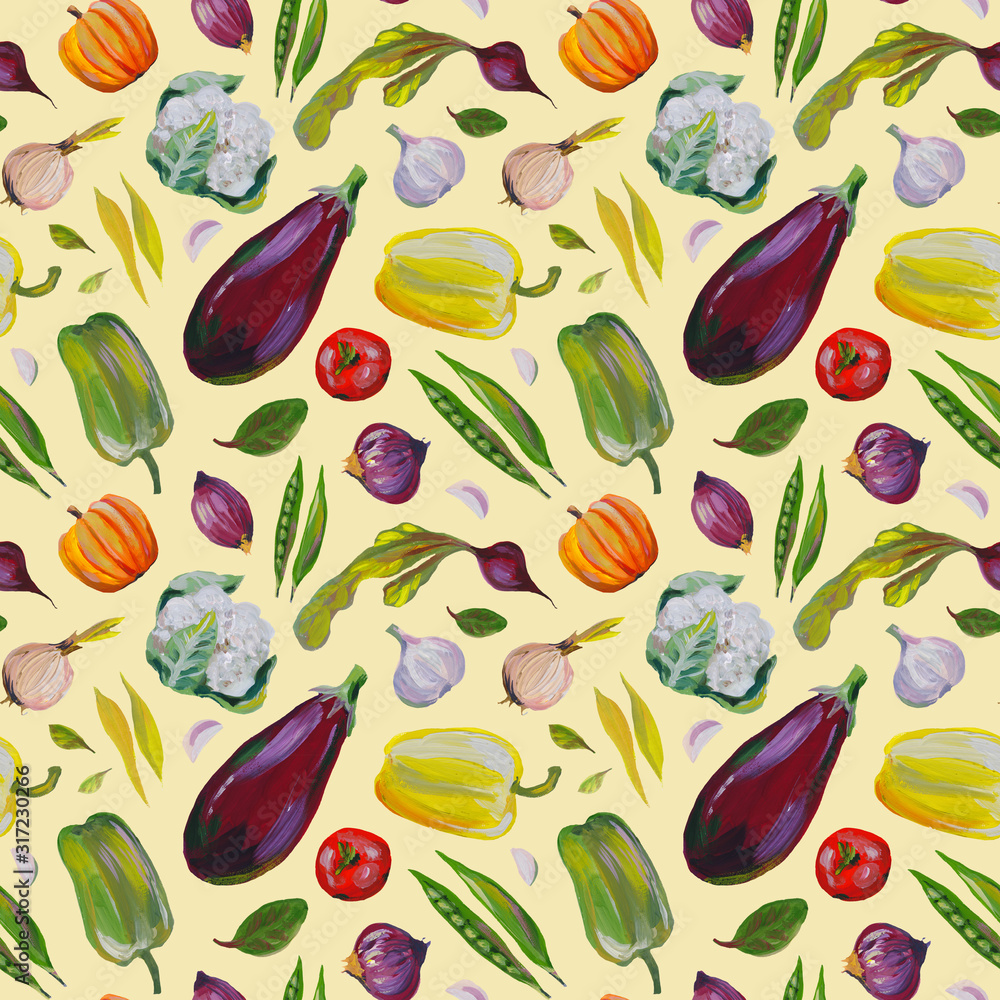 Vegetables seamless pattern. Food, vegetarianism. Hands drawn, gouache. Greens, cauliflower, tomatoes, eggplant, peas, peas, red peppers, beets, lettuce, carrots, garlic. Menu design elements, cafe. Vegetables seamless pattern. Food, vegetarianism. Hands drawn, gouache. Greens, cauliflower, tomatoes, eggplant, peas, peas, red peppers, beets, lettuce, carrots, garlic. Menu design elements, cafe.
