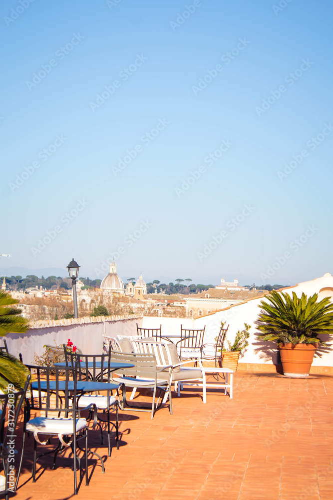 The panoramic terrace with a view of Rome. Landmarks, domes of Rome, Italy.