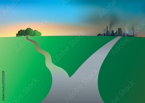 Concept du choix entre deux orientations opposées, la protection de l’environnement contre le réchauffement climatique ou l’économie industrielle et la surconsommation.