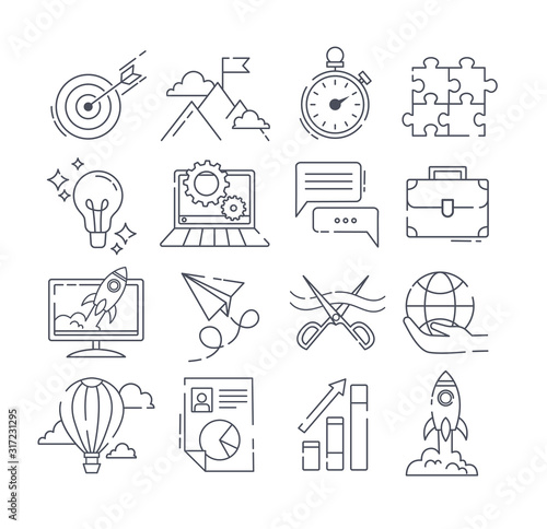 Large set of sixteen black and white line drawings of launch icons for business and leisure for use as design elements, vector illustration