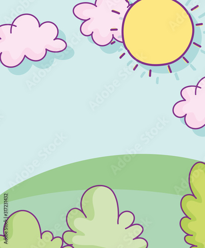 landscape foliage grass sun clouds hearts love cartoon
