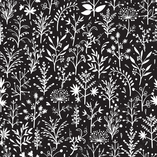 Floral Vector Seamless Pattern. Background with Plant. Doodle Branches with Leaves, Flowers and Berries