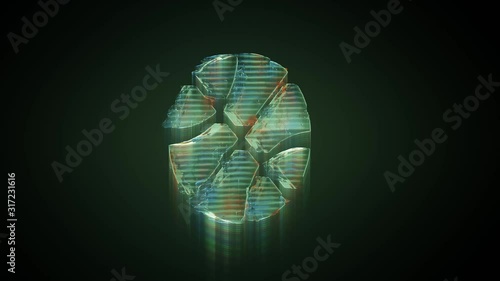 3d rendering glowing hologram of symbol of basketball ball distorted glitch green old tv screen on black background