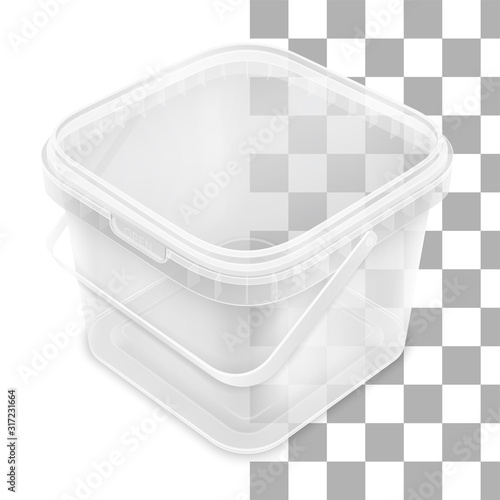 Vector transparent square empty plastic bucket with handle. Top view from the corner.