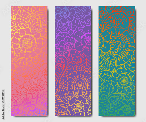 Set of design yoga mats. Floral pattern in oriental style for decoration sport equipment. Colorful ethnic Indian ornaments for spiritual serenity. Decor of business card, poster, print in henna tattoo